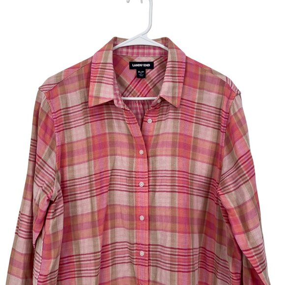 Lands End Womens Pink Plaid Button-Down Shirt Size XL 100% Cotton Woven knit - Picture 3 of 13
